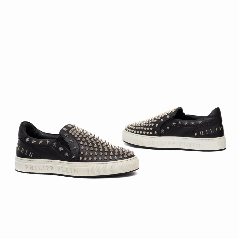 Philipp Plein Black Leather Spike Stars Gal Studded Slip-On Sneakers 37 US 7